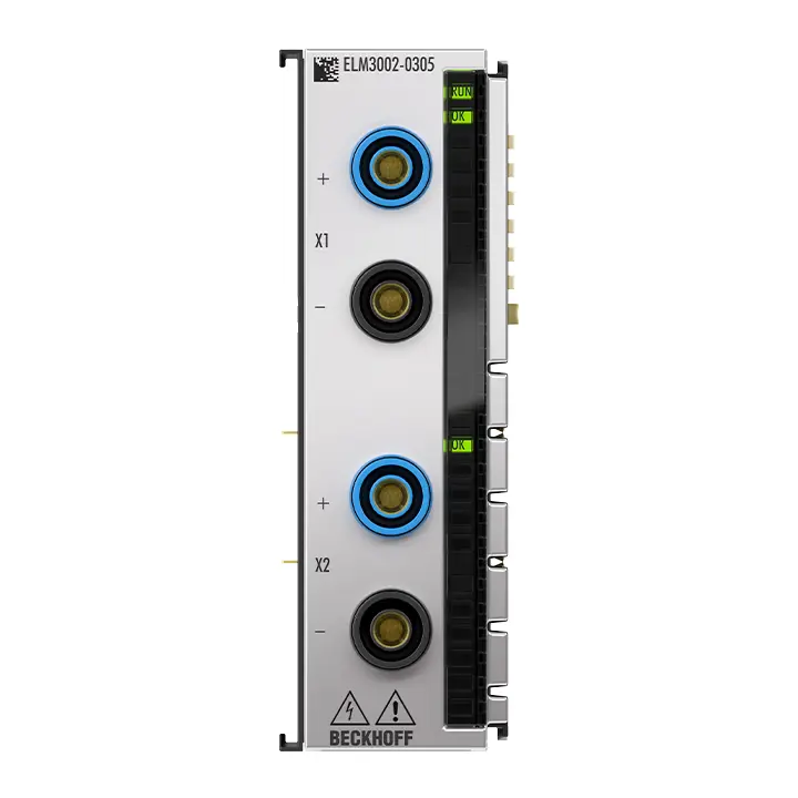 ELM3002-0305 | Beckhoff | EtherCAT клемма, 2-канальный аналоговый вход, напряжение, ±60 мВ…5 В, 24 бит, 50 ksps, с гальванической развязкой, гнездо 4 мм