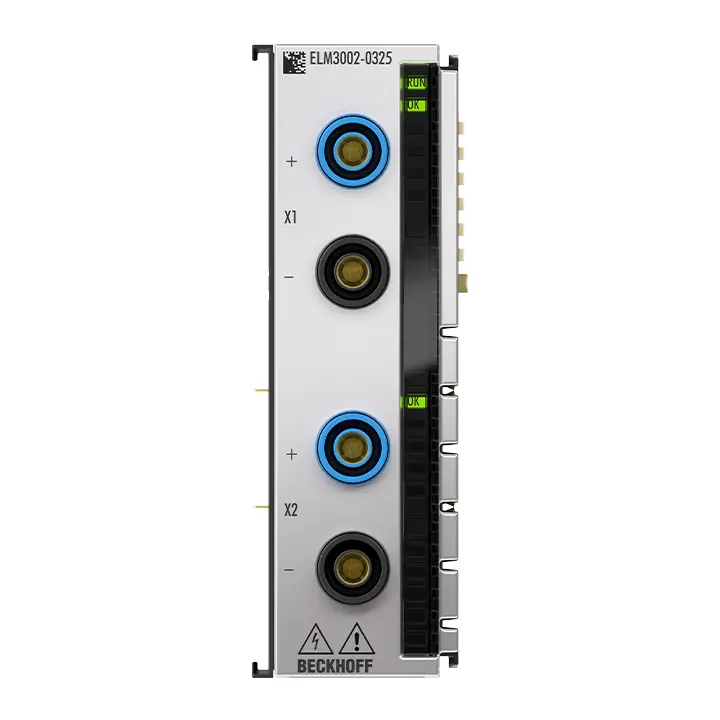 ELM3002-0325 | Beckhoff | EtherCAT клемма, 2-канальный аналоговый вход, напряжение, ±60 мВ…5 В, 24 бит, 50 ksps, с гальванической развязкой, гнездо 4 мм, заводская калибровка