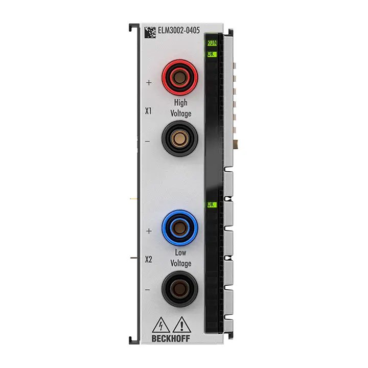 ELM3002-0405 | Beckhoff | Клемма EtherCAT, 2-канальный аналоговый вход, напряжение, ±60 мВ…5 В/±60 В…1200 В, 24 бит, 50 ksps, гальваническая развязка, 4-мм гнездо
