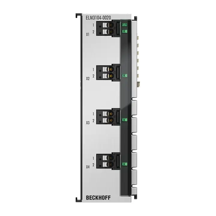 ELM3104-0020 | Beckhoff | Клемма EtherCAT, 4-канальный аналоговый вход, ток, ±20 мА, 24 бит, 10 ksps, заводская калибровка