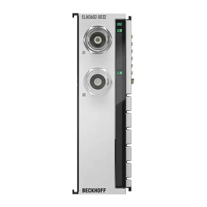 ELM3602-0032 | Beckhoff | Клемма EtherCAT, 2-канальный аналоговый вход, IEPE/акселерометр, 24 бит, 50 ksps, BNC, внешняя калибровка