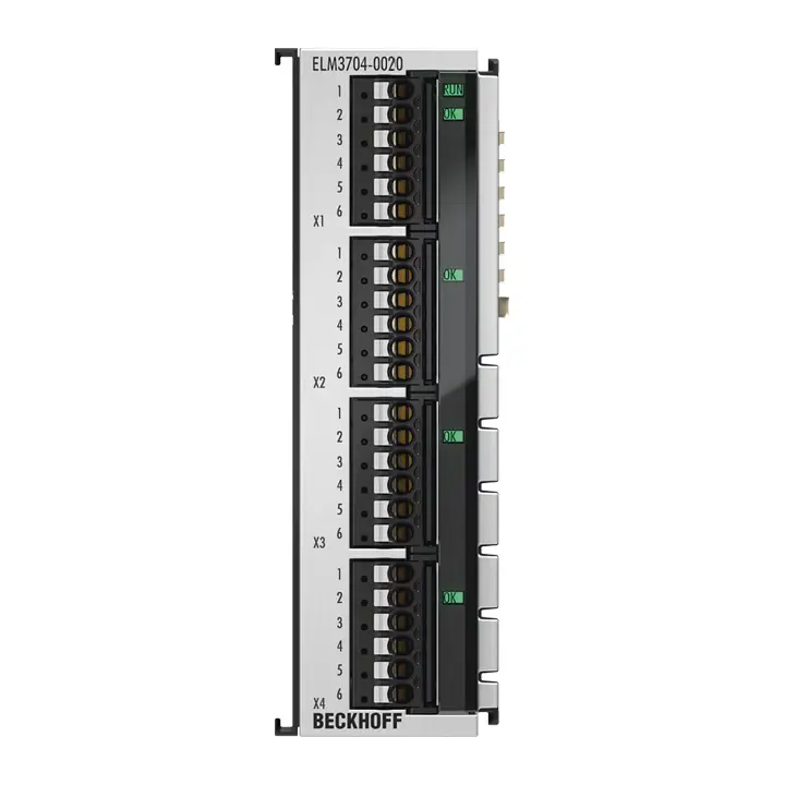 ELM3704-0020 | Beckhoff | Клемма EtherCAT, 4-канальный аналоговый вход, многофункциональная, 24 бит, 10 ksps, заводская калибровка